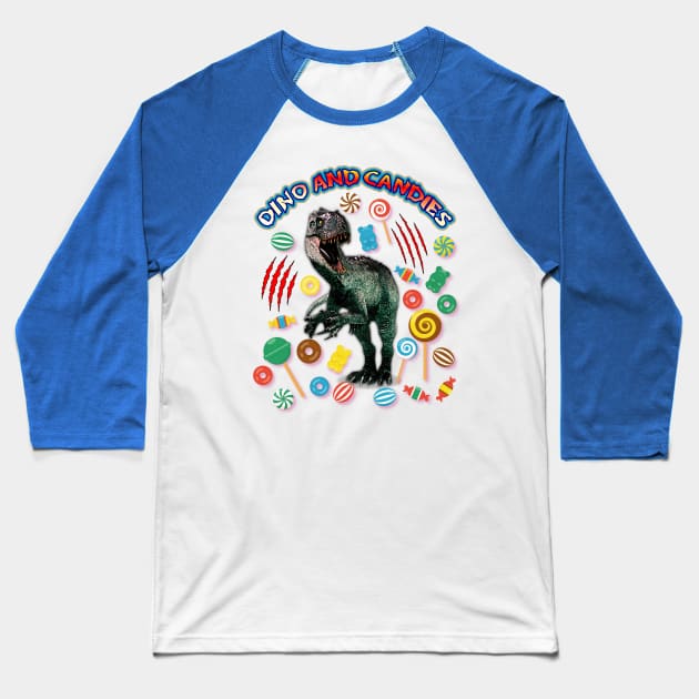 INDOMINUS REX  DINO AND CANDIES Baseball T-Shirt by myouynis